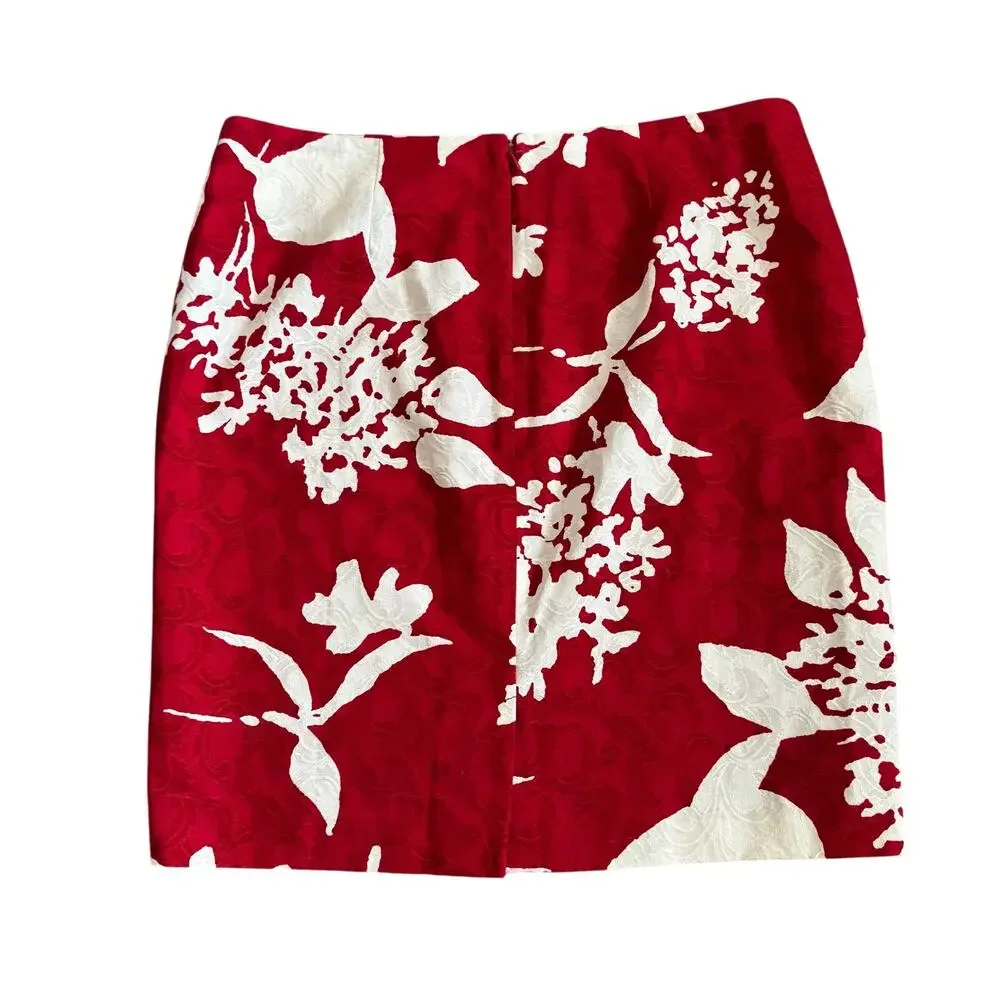 Talbots Skirt Womens 12p PETITE Jacquard Career Knee Length Red White Lined NEW